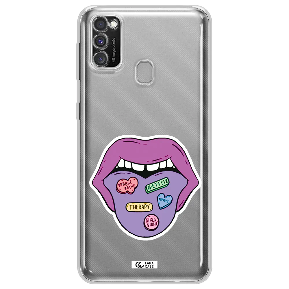 a purple lips with different colored hearts on it Samsung M30S Clear TPU Case