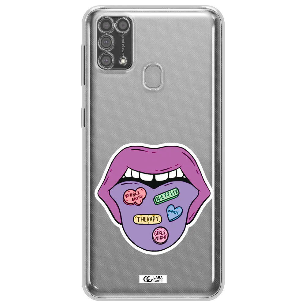a purple lips with different colored hearts on it Samsung M31 Clear TPU Case