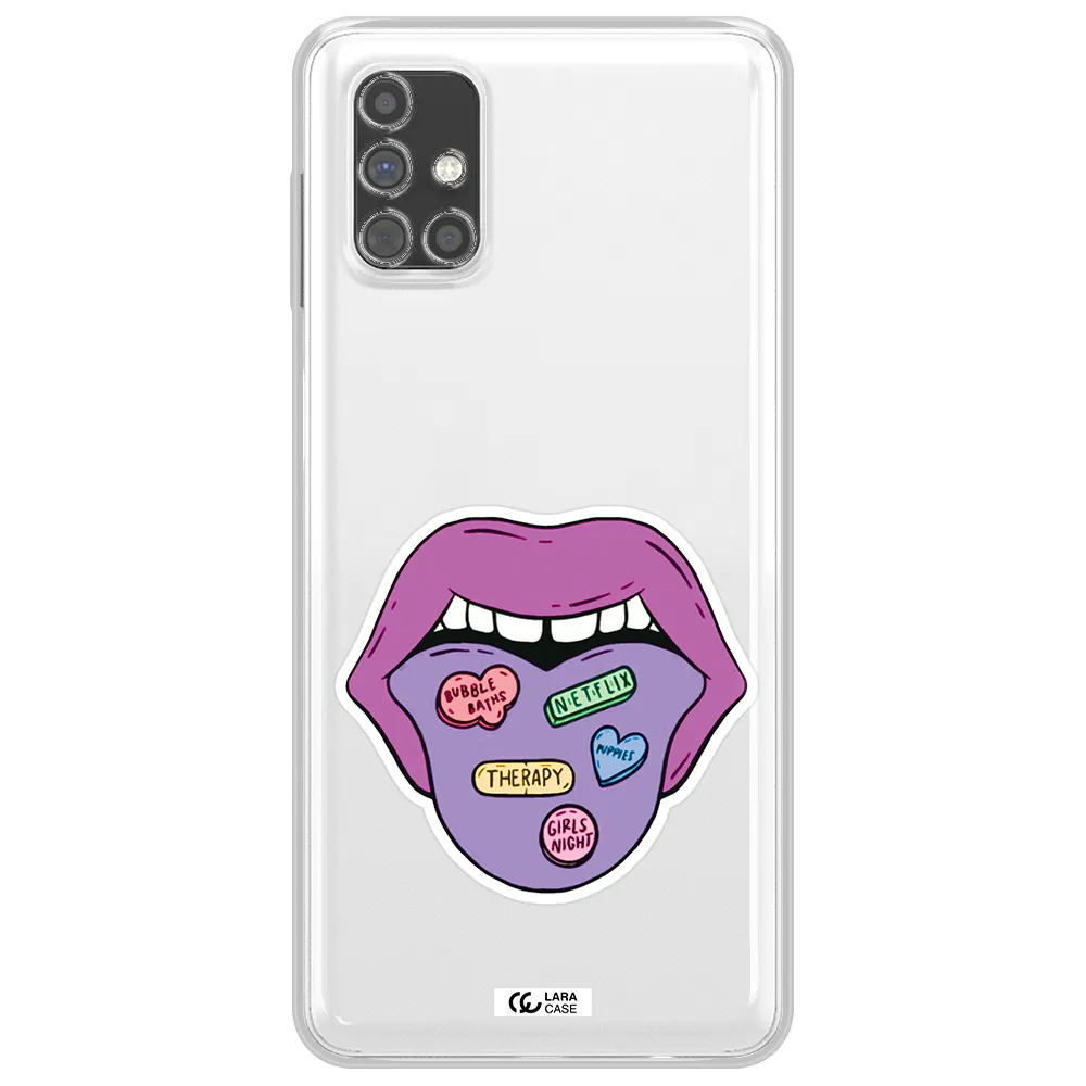 a purple lips with different colored hearts on it Samsung M31S Clear TPU Case