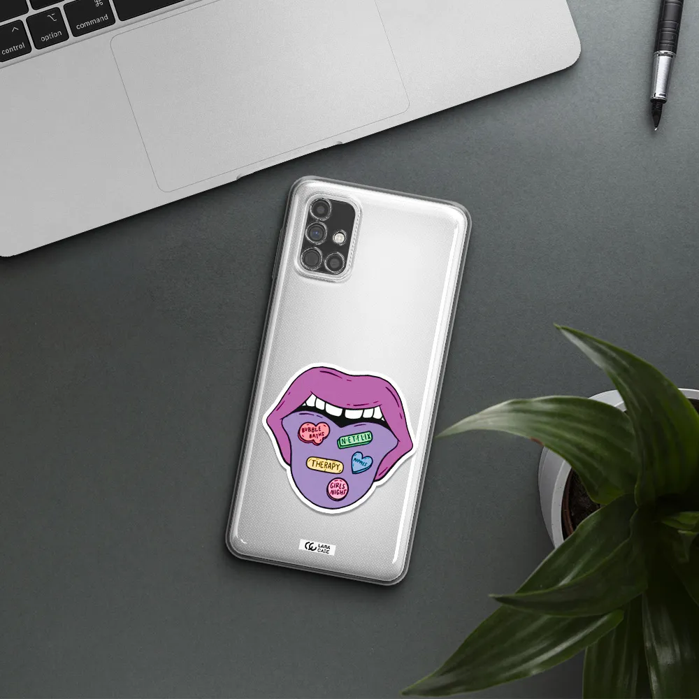 a purple lips with different colored hearts on it Samsung M51 Clear TPU Case