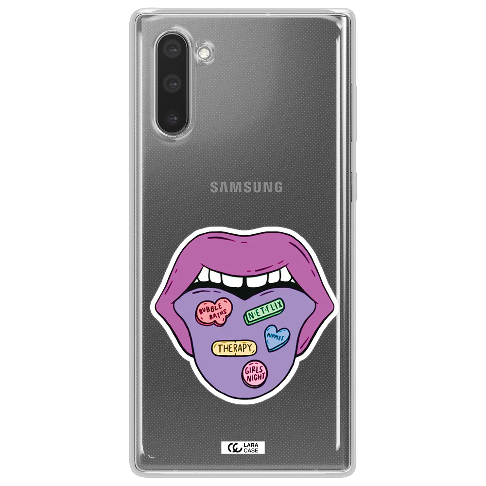 a purple lips with different colored hearts on it Samsung Note 10 Clear TPU Case