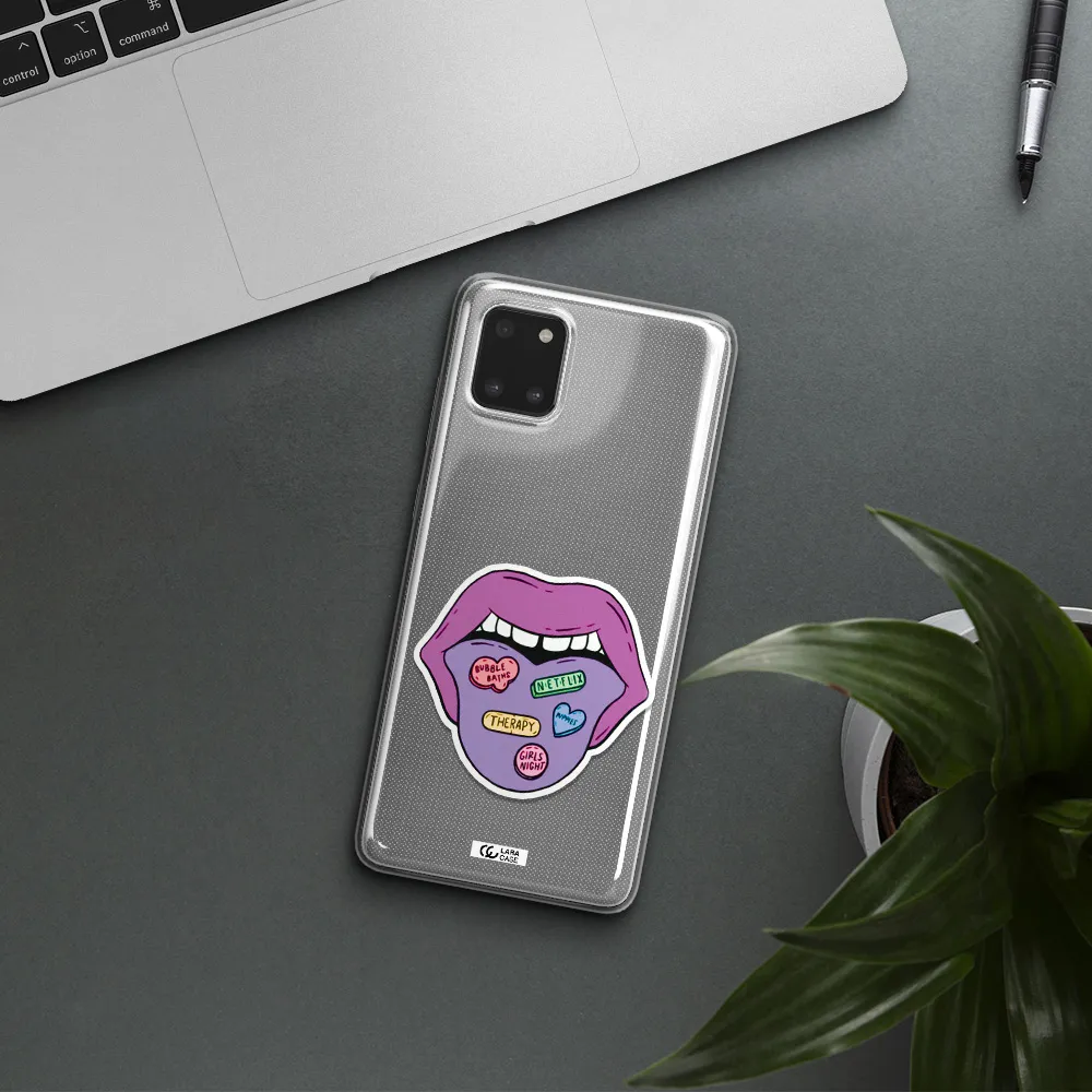 a purple lips with different colored hearts on it Samsung Note 10 Lite Clear TPU Case