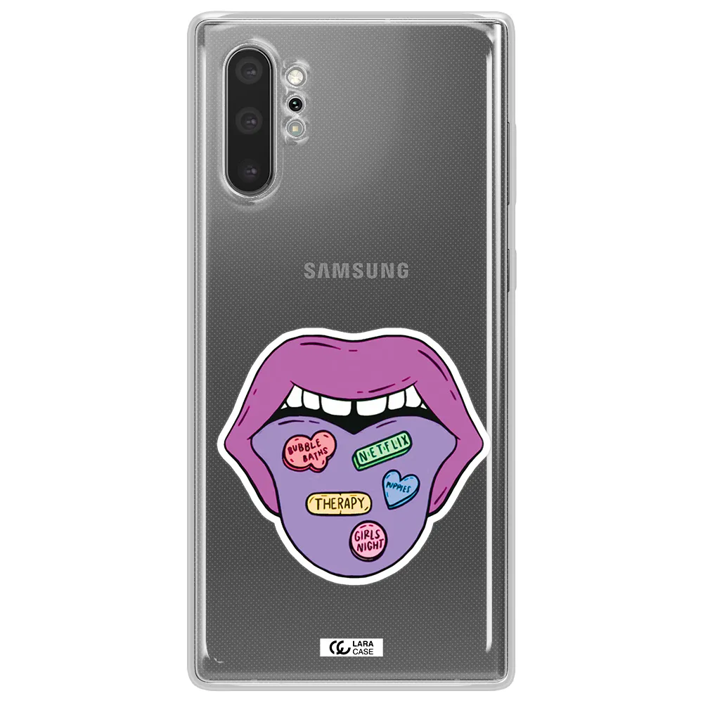 a purple lips with different colored hearts on it Samsung Note 10 Plus Clear TPU Case