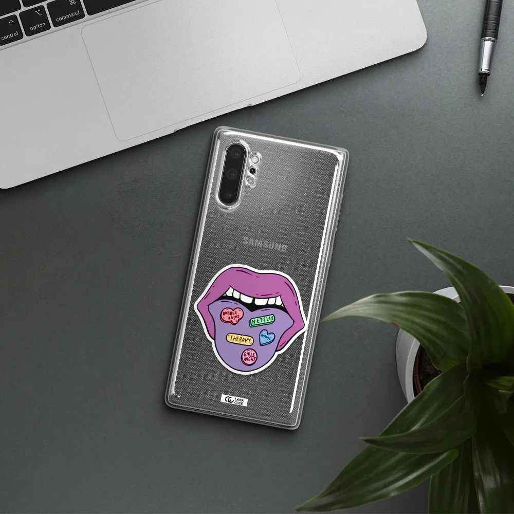 a purple lips with different colored hearts on it Samsung Note 10 Plus Clear TPU Case