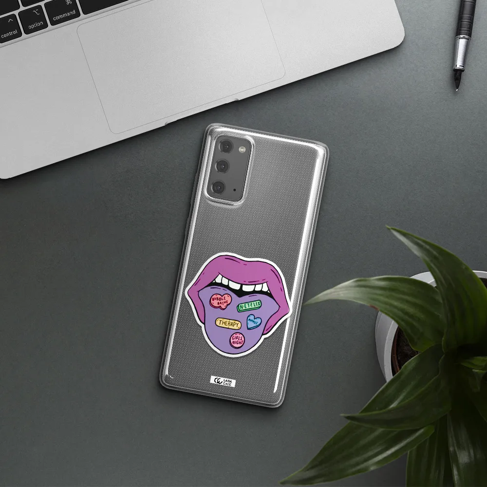 a purple lips with different colored hearts on it Samsung Note 20 Clear TPU Case
