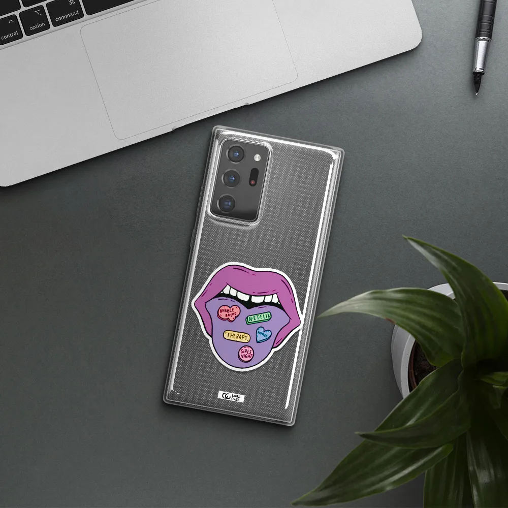 a purple lips with different colored hearts on it Samsung Note 20 Ultra Clear TPU Case