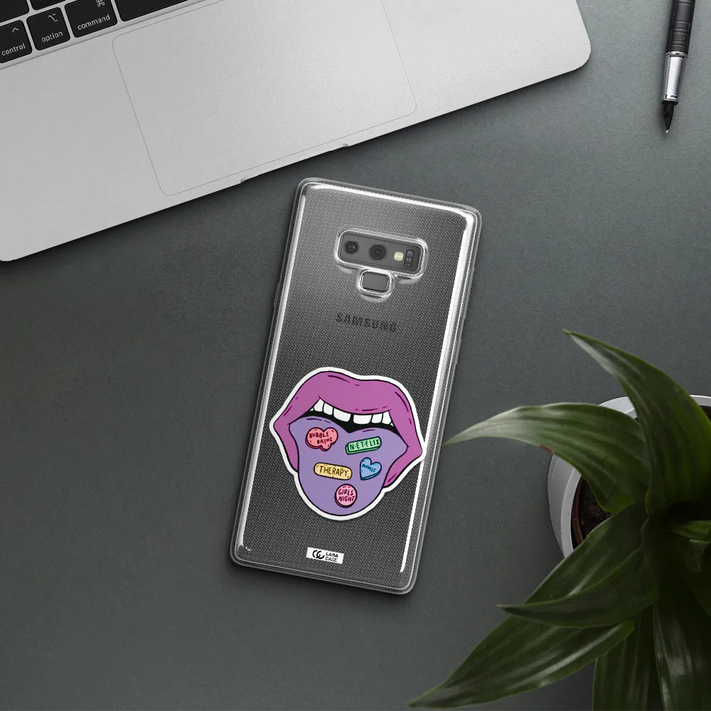 a purple lips with different colored hearts on it Samsung Note 9 Clear TPU Case
