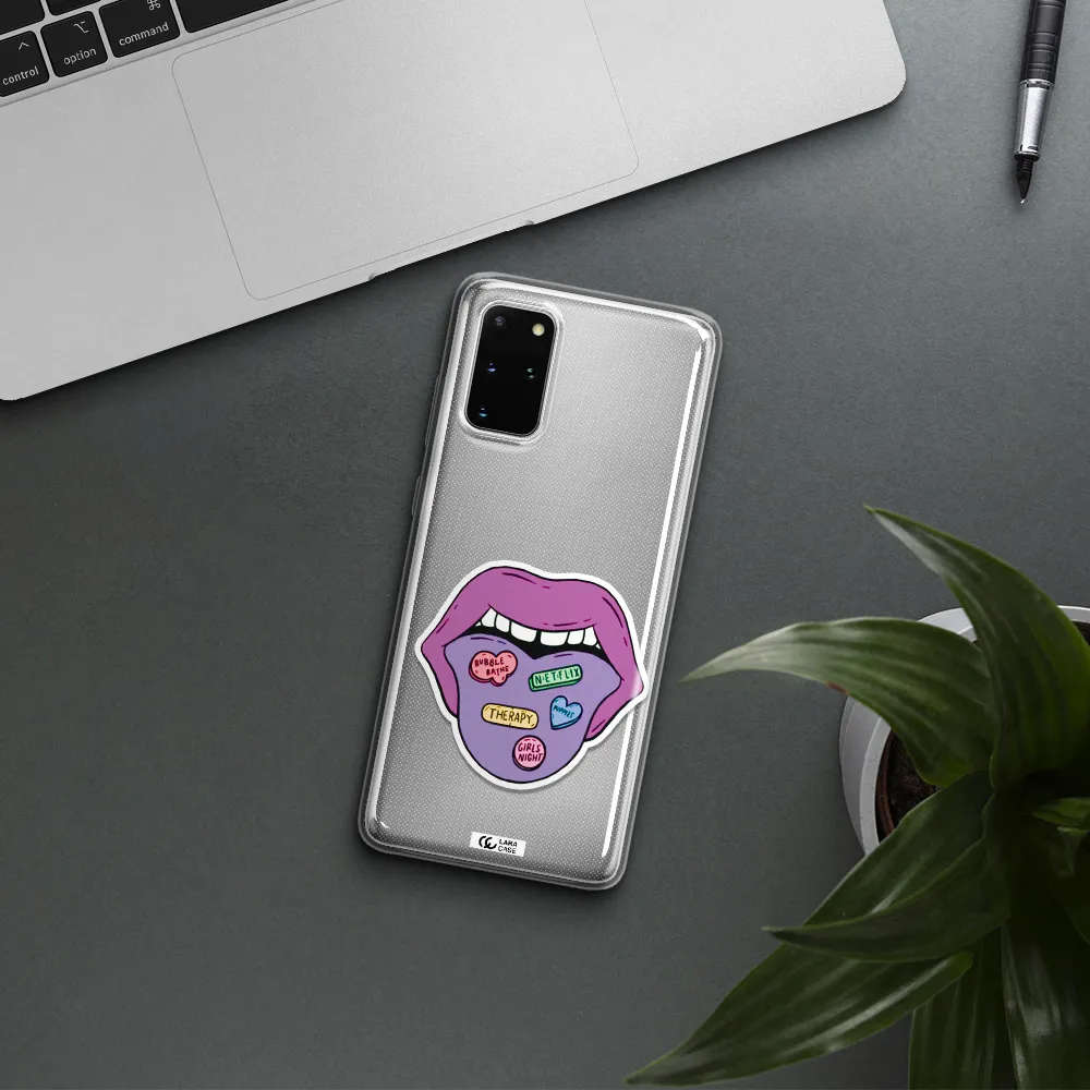 a purple lips with different colored hearts on it Samsung S 20 Plus Clear TPU Case