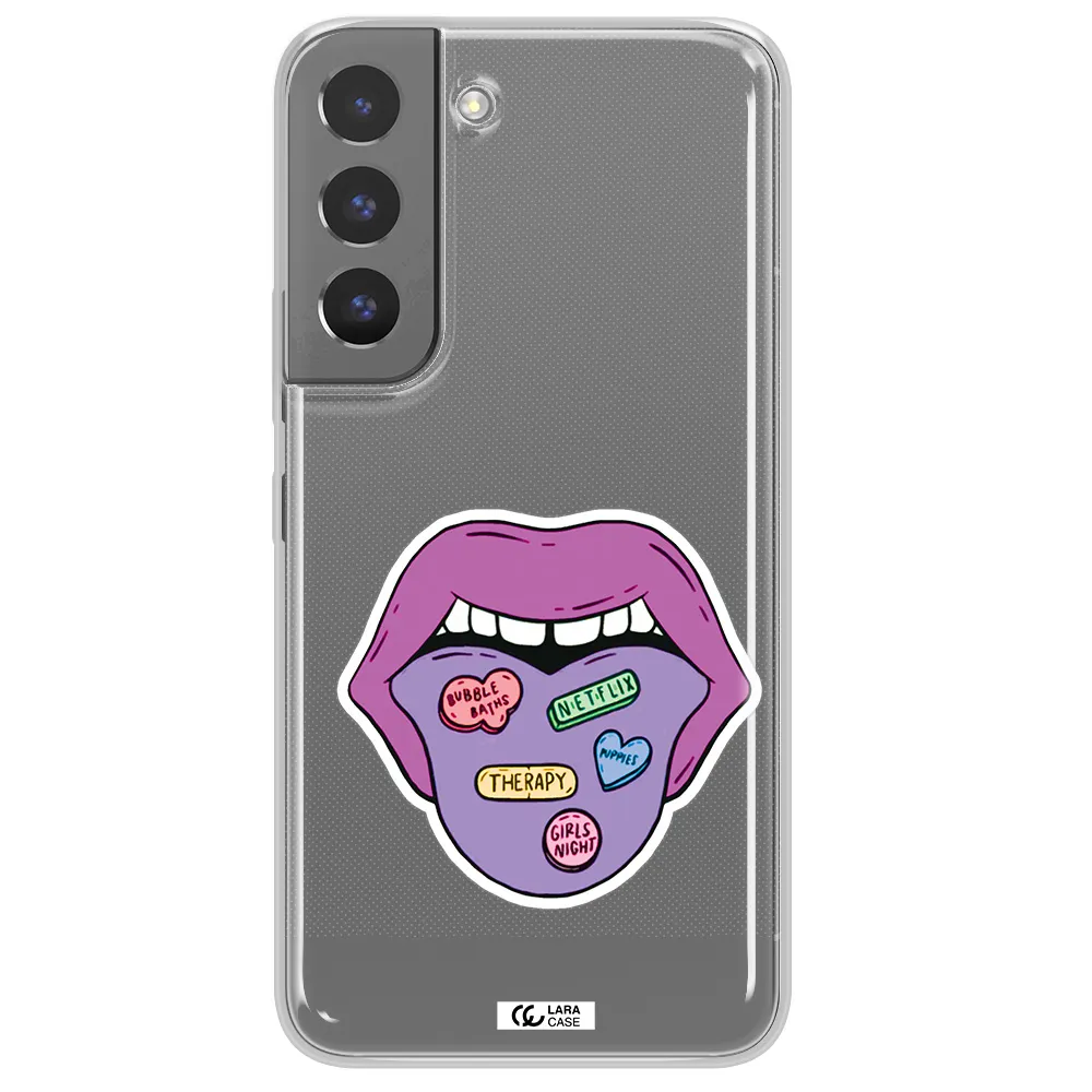 a purple lips with different colored hearts on it Samsung S 22 Clear TPU Case