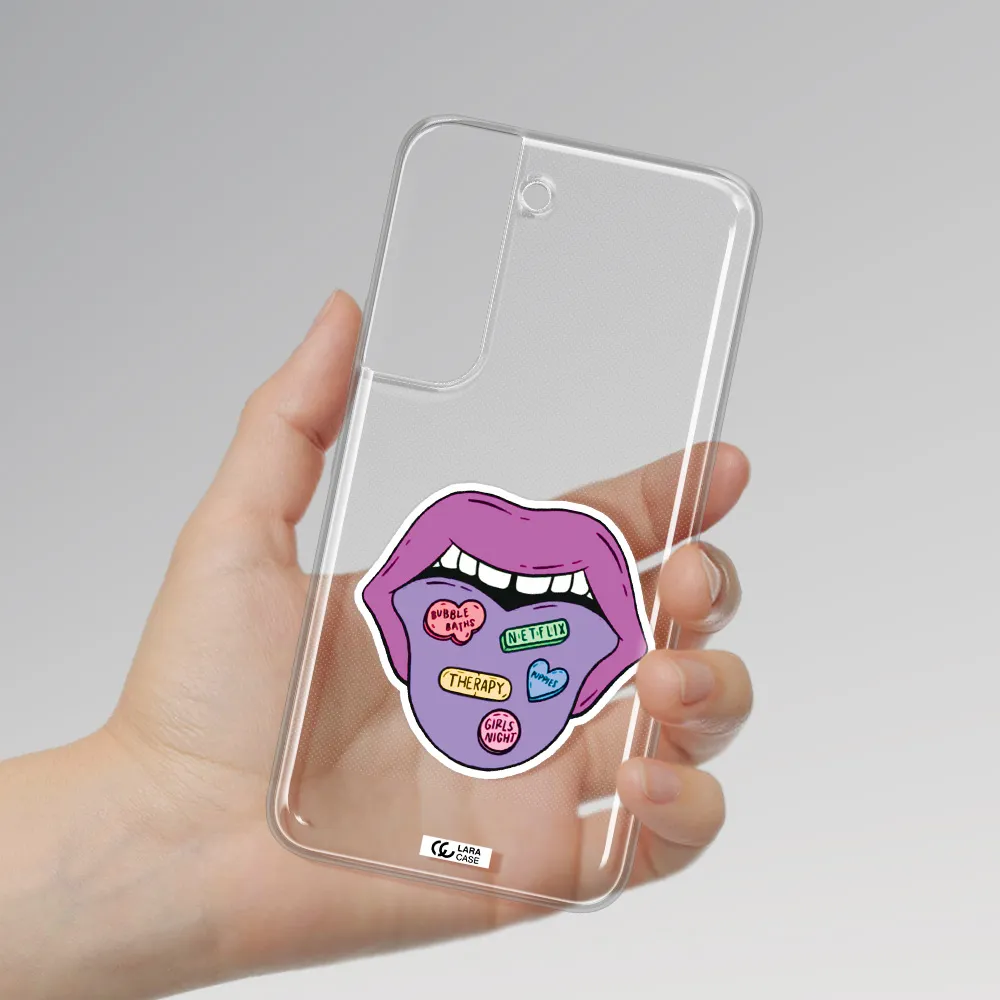a purple lips with different colored hearts on it Samsung S 22 Clear TPU Case