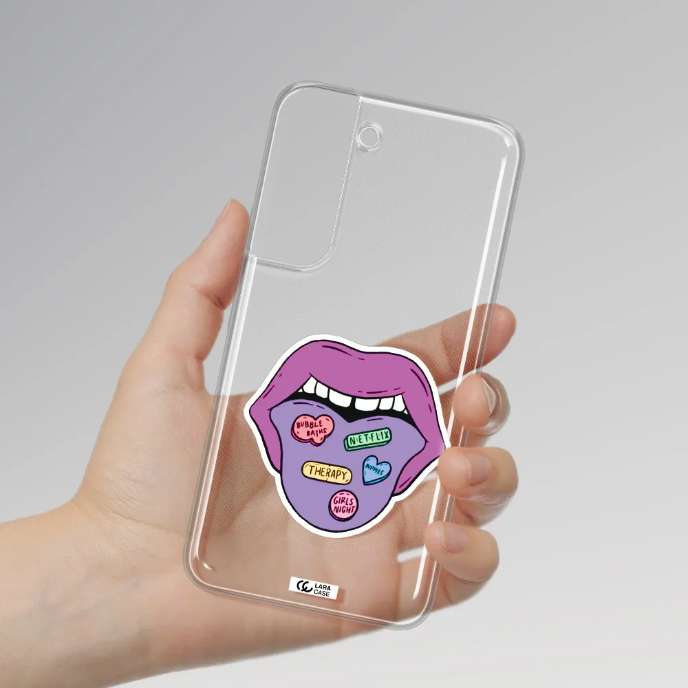 a purple lips with different colored hearts on it Samsung S 22 Plus Clear TPU Case