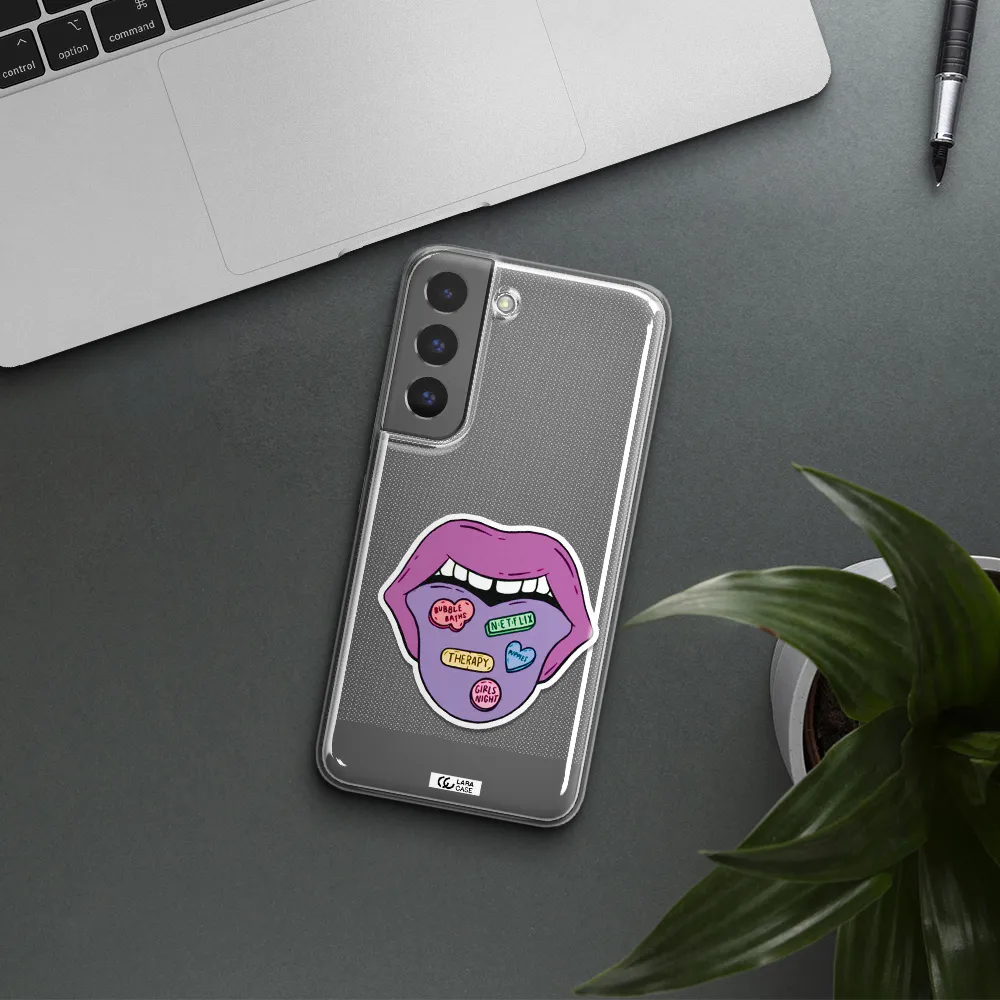 a purple lips with different colored hearts on it Samsung S 22 Plus Clear TPU Case