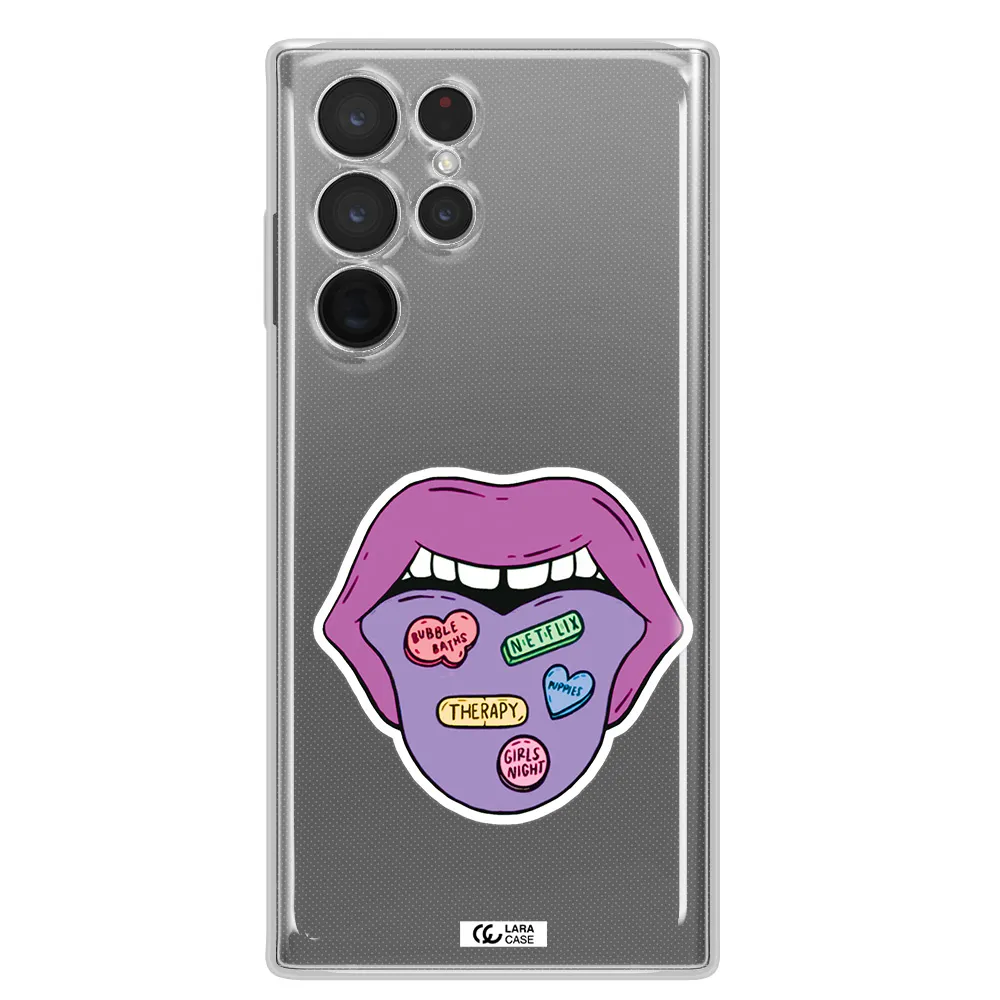a purple lips with different colored hearts on it Samsung S 22 Ultra Clear TPU Case