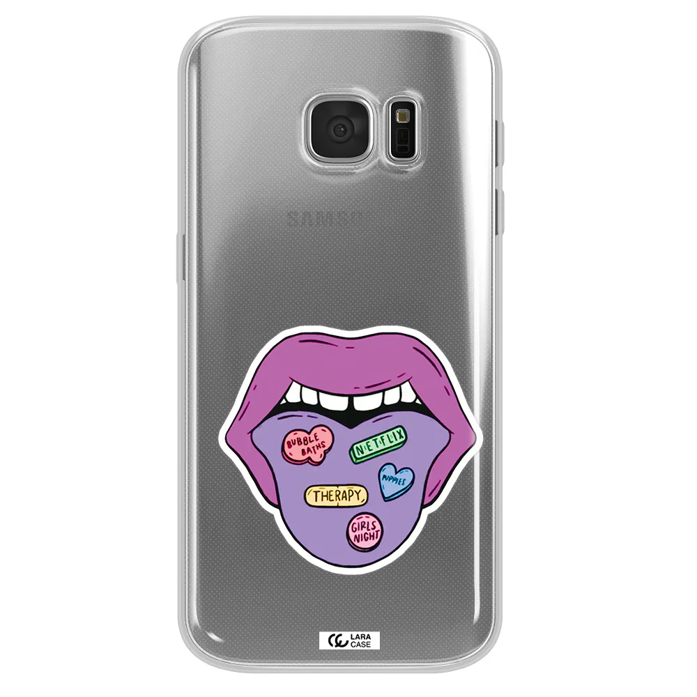 a purple lips with different colored hearts on it Samsung S 7 Clear TPU Case