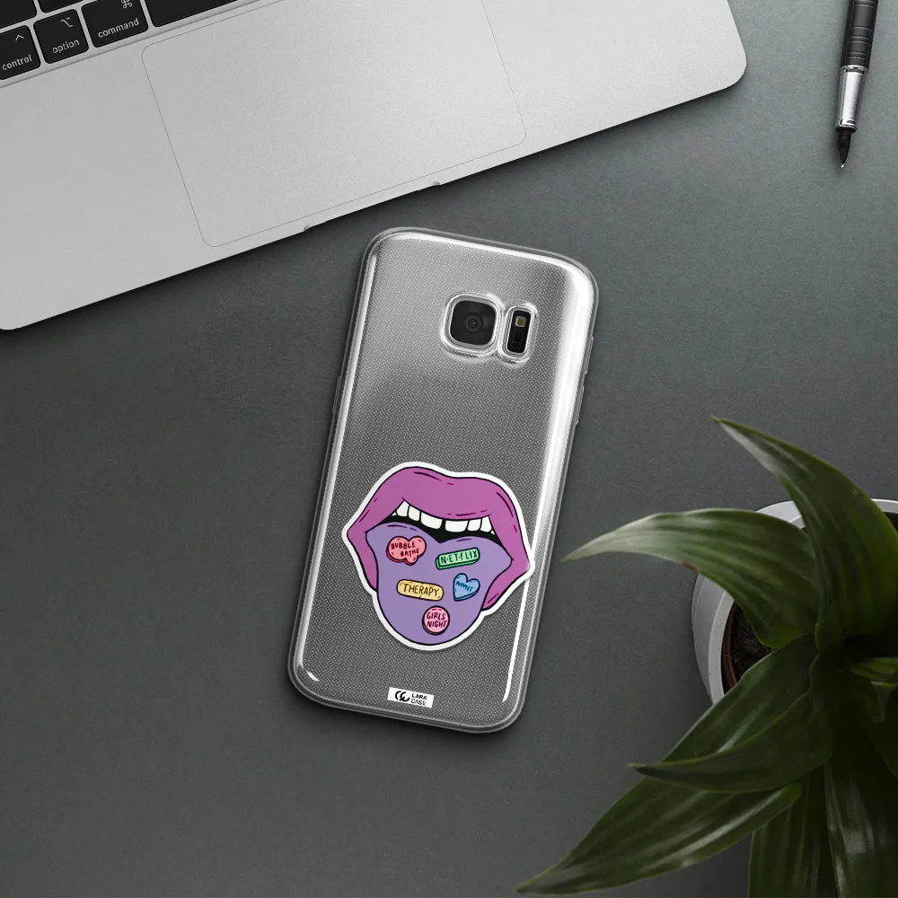 a purple lips with different colored hearts on it Samsung S 7 Clear TPU Case
