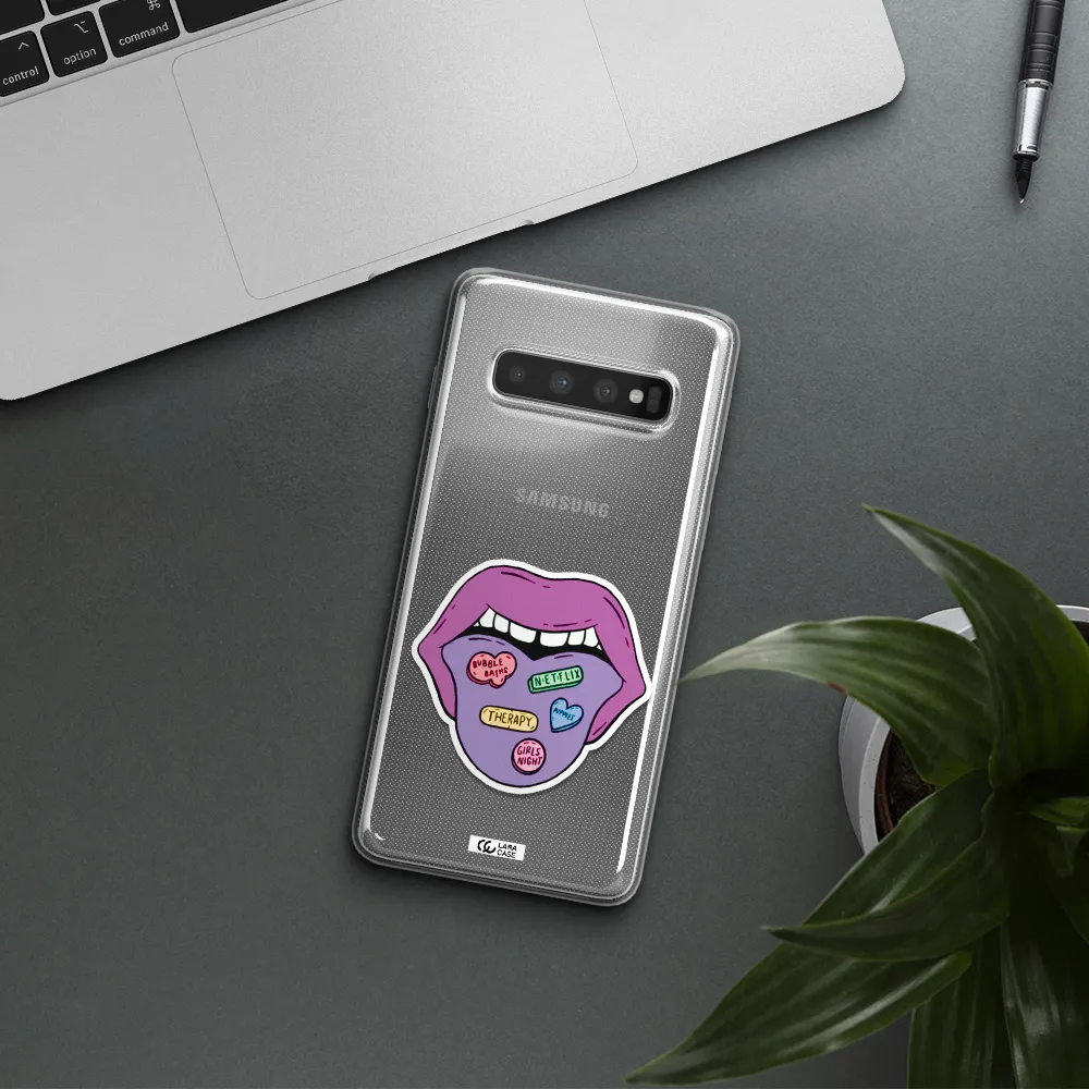 a purple lips with different colored hearts on it Samsung S10 Clear TPU Case