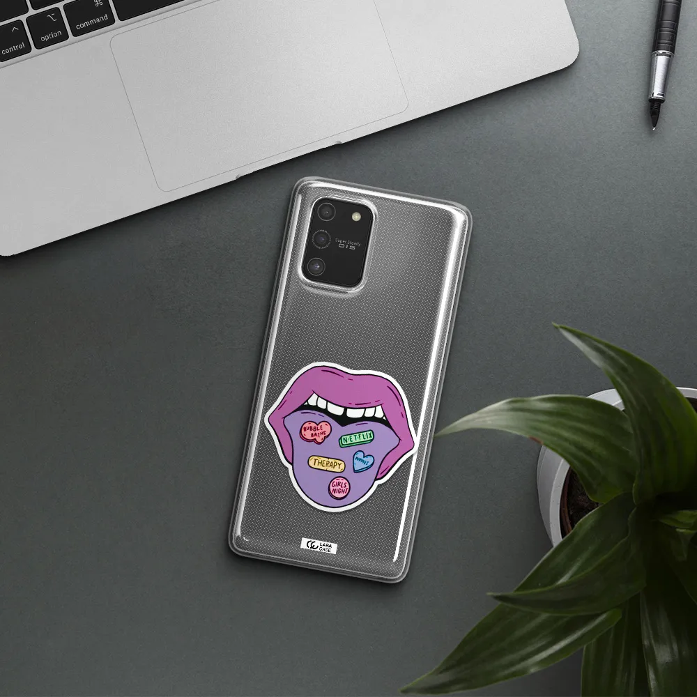 a purple lips with different colored hearts on it Samsung S10 Lite Clear TPU Case