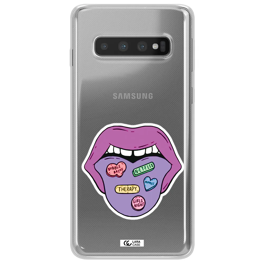 a purple lips with different colored hearts on it Samsung S10 Plus Clear TPU Case