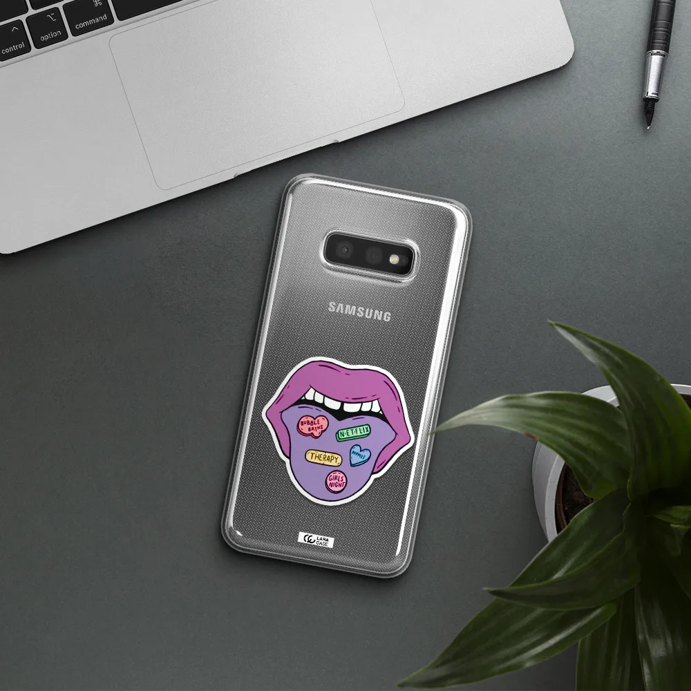 a purple lips with different colored hearts on it Samsung S10e Clear TPU Case