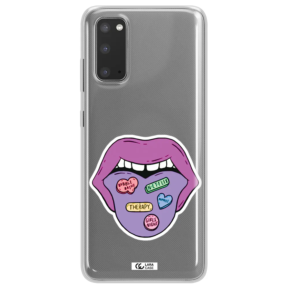 a purple lips with different colored hearts on it Samsung S20 Clear TPU Case