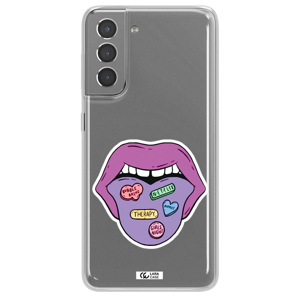a purple lips with different colored hearts on it Samsung S21 Plus Clear TPU Case