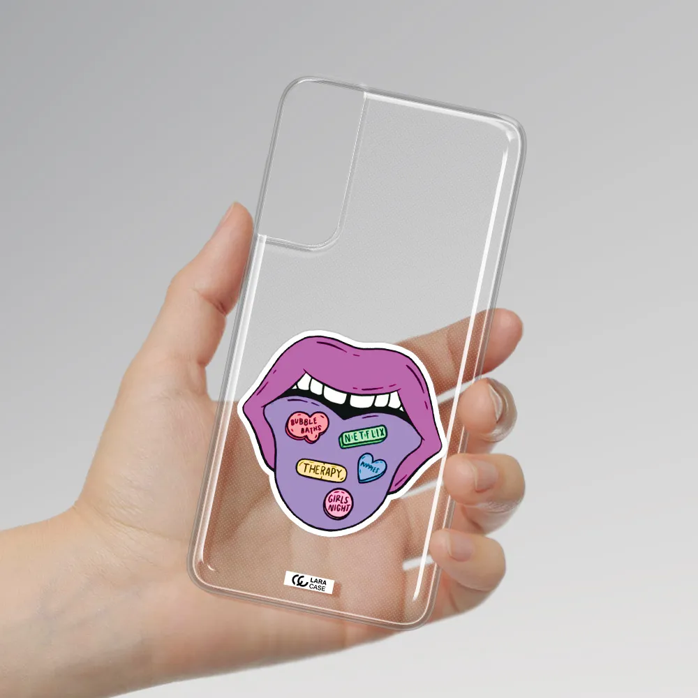 a purple lips with different colored hearts on it Samsung S21 Plus Clear TPU Case