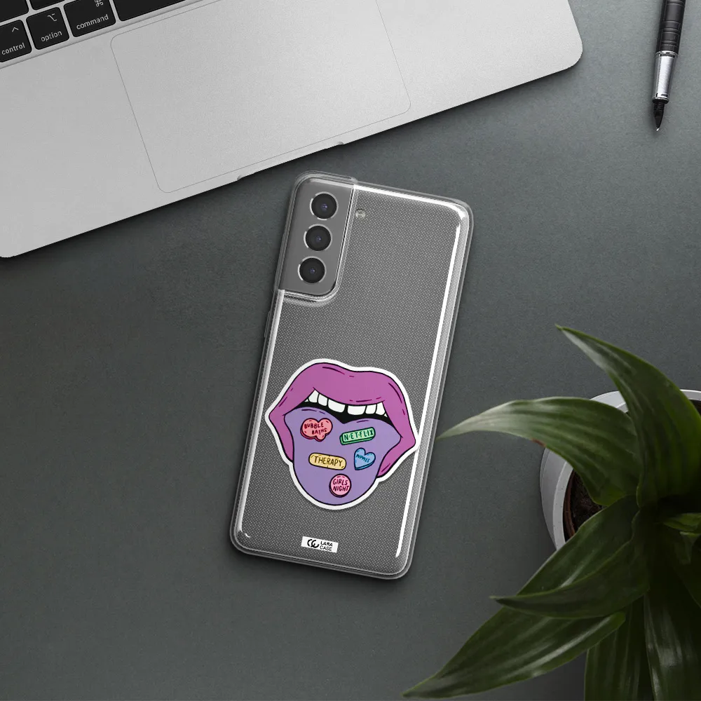 a purple lips with different colored hearts on it Samsung S21 Plus Clear TPU Case