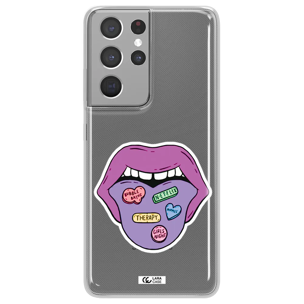 a purple lips with different colored hearts on it Samsung S21 Ultra Clear TPU Case