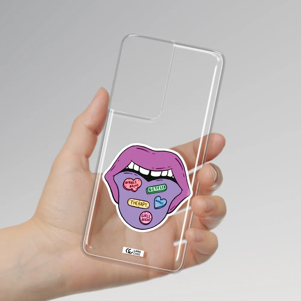 a purple lips with different colored hearts on it Samsung S21 Ultra Clear TPU Case
