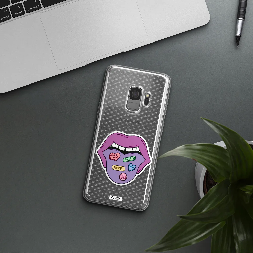 a purple lips with different colored hearts on it Samsung S9 Clear TPU Case