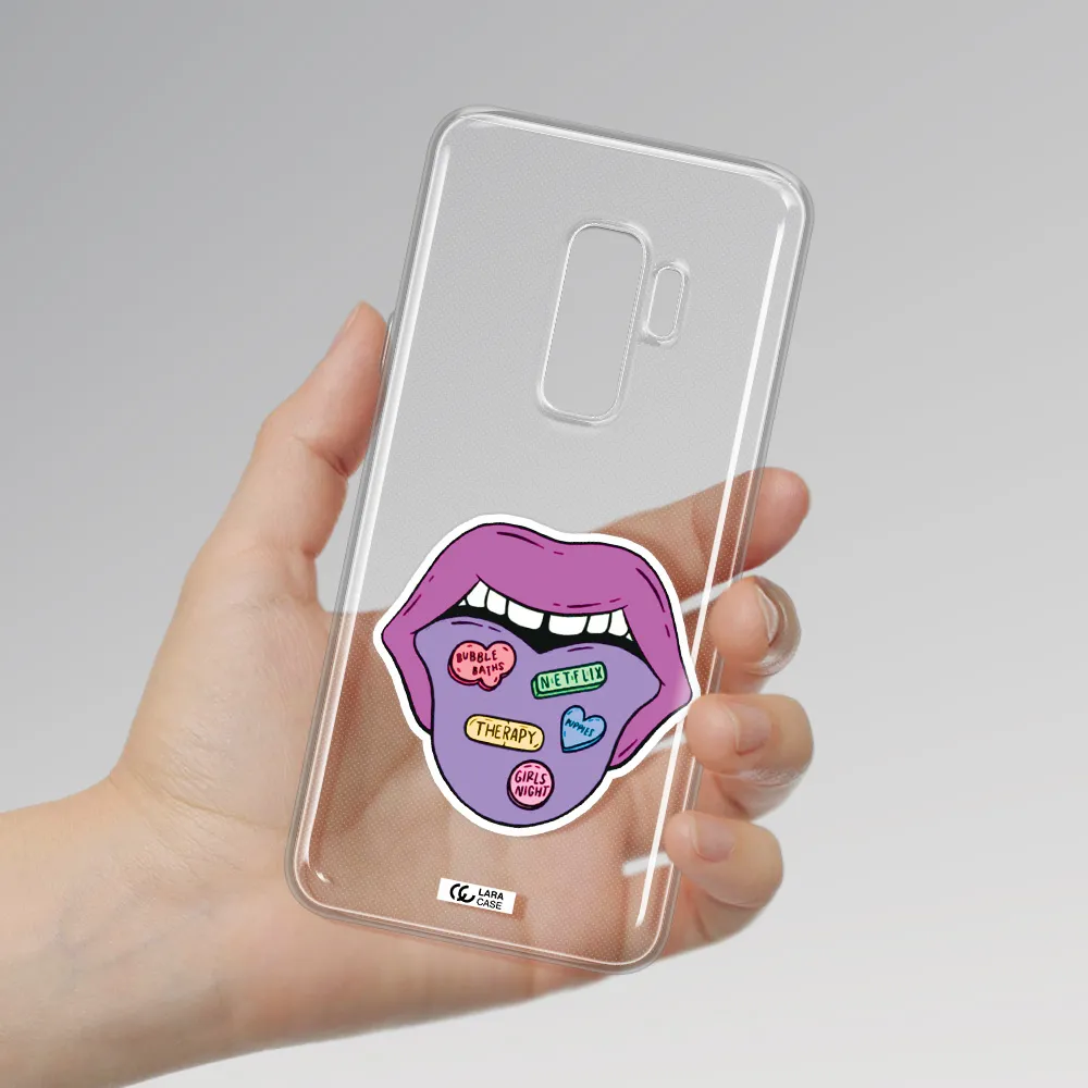 a purple lips with different colored hearts on it Samsung S9 Plus Clear TPU Case