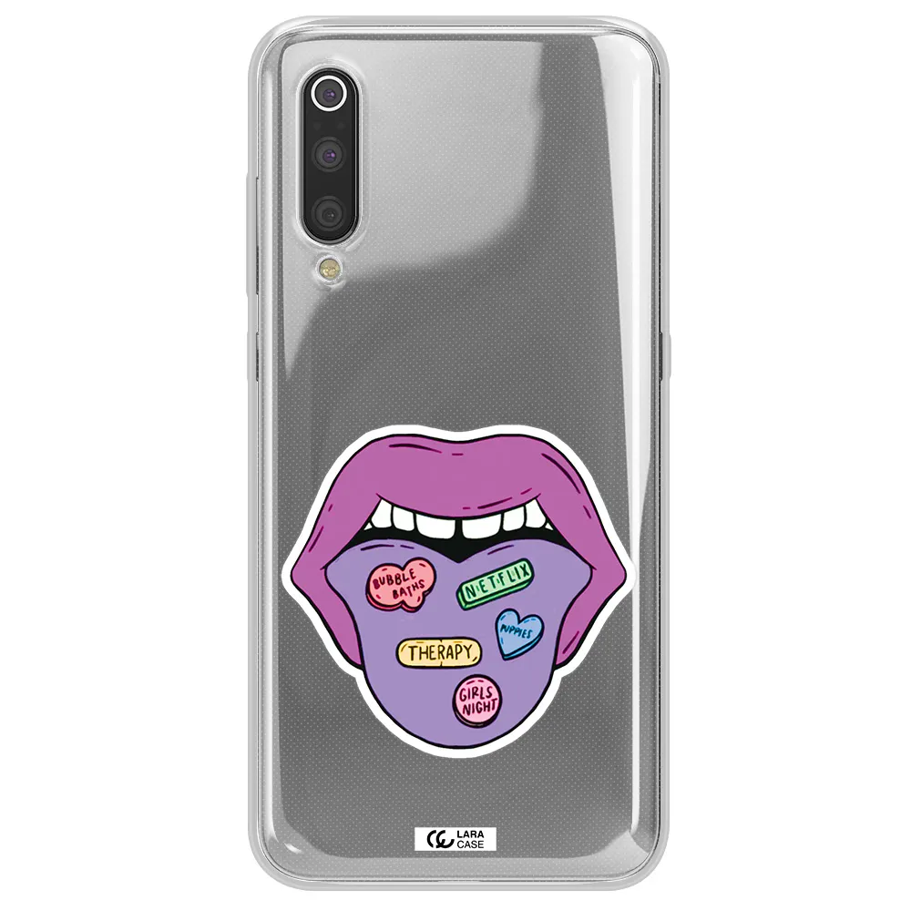 a purple lips with different colored hearts on it Xiaomi Mi 9 Clear TPU Case