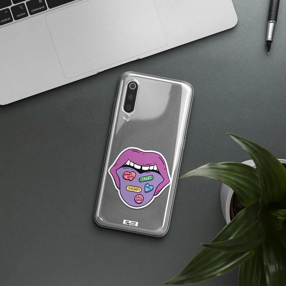 a purple lips with different colored hearts on it Xiaomi Mi 9 Clear TPU Case