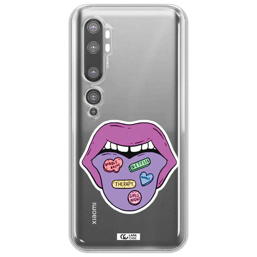 a purple lips with different colored hearts on it Xiaomi Mi Note 10 Clear TPU Case