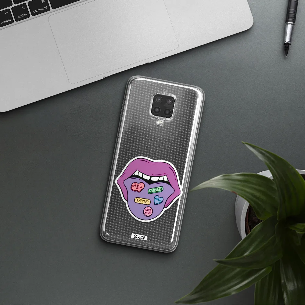 a purple lips with different colored hearts on it Xiaomi Note 9 Pro Clear TPU Case