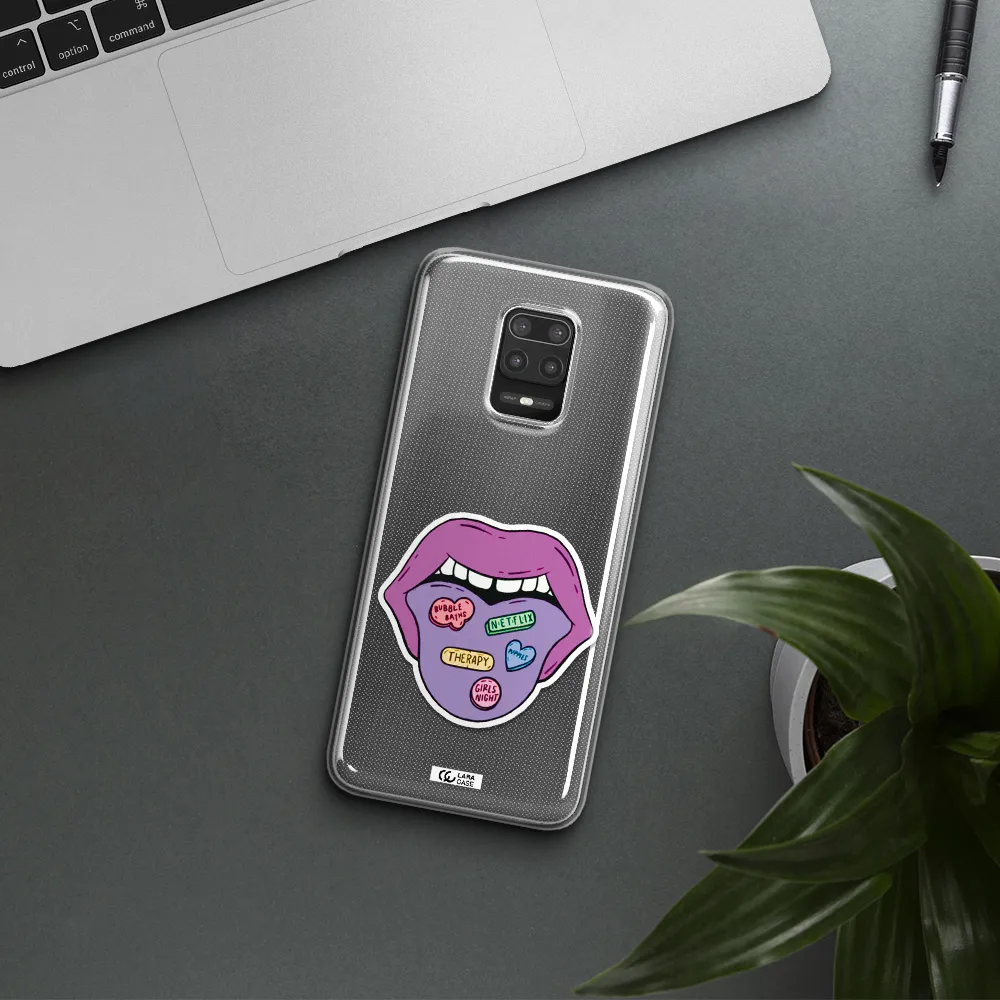 a purple lips with different colored hearts on it Xiaomi Note 9S Clear TPU Case