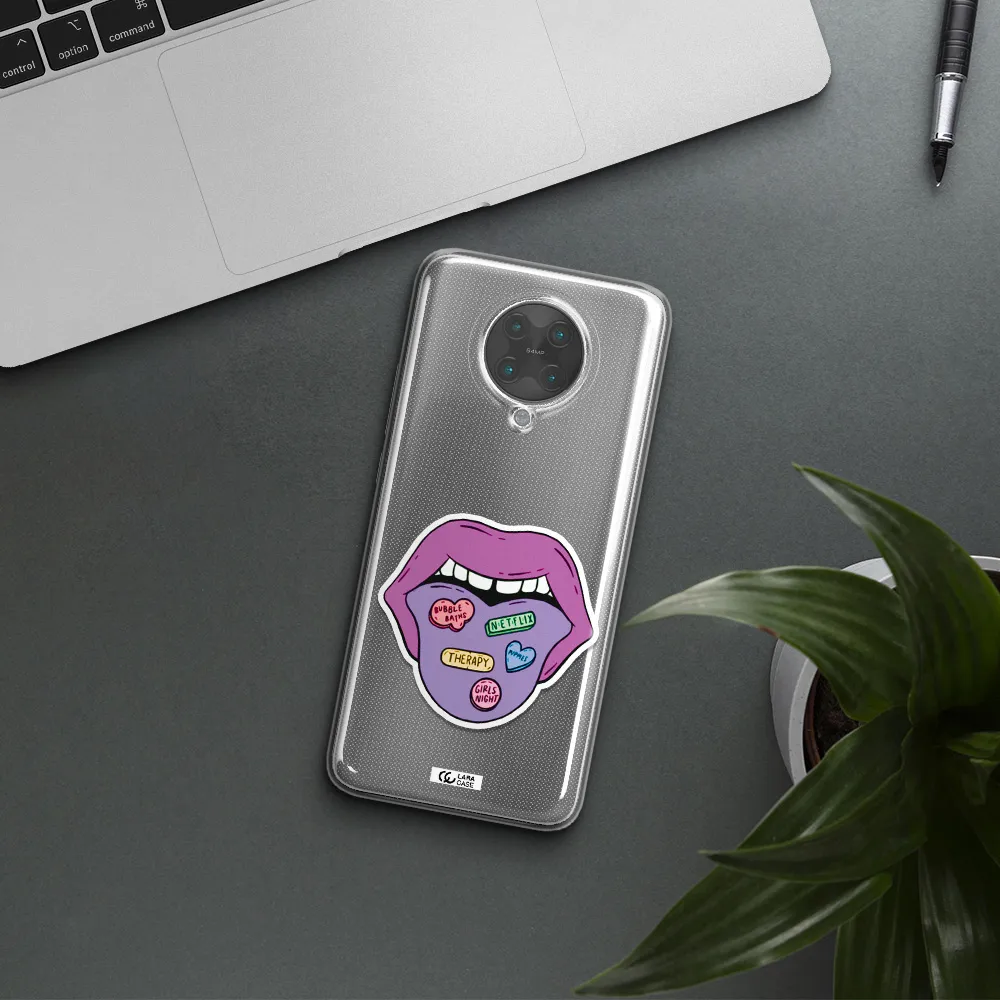 a purple lips with different colored hearts on it Xiaomi Poco F2 Pro Clear TPU Case