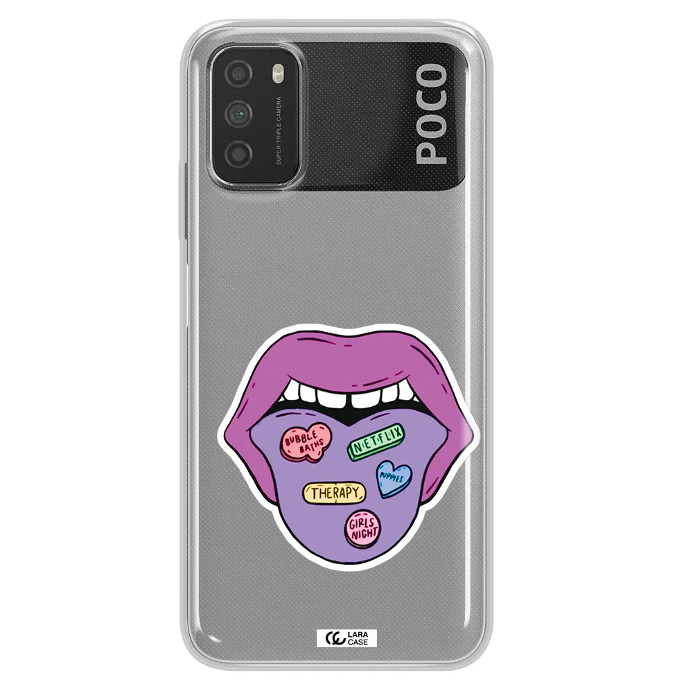 a purple lips with different colored hearts on it Xiaomi Poco M3 Clear TPU Case