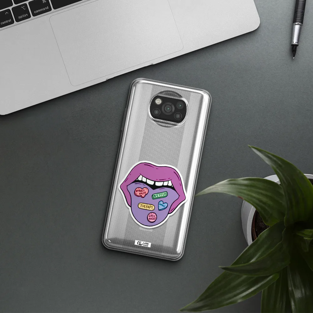 a purple lips with different colored hearts on it Xiaomi Poco X3 Clear TPU Case