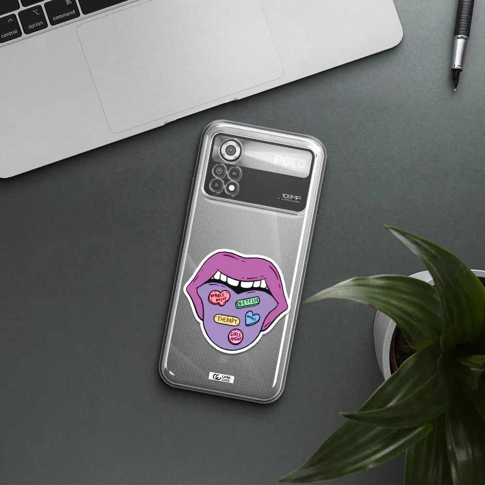 a purple lips with different colored hearts on it Xiaomi Poco X4 Pro Clear TPU Case