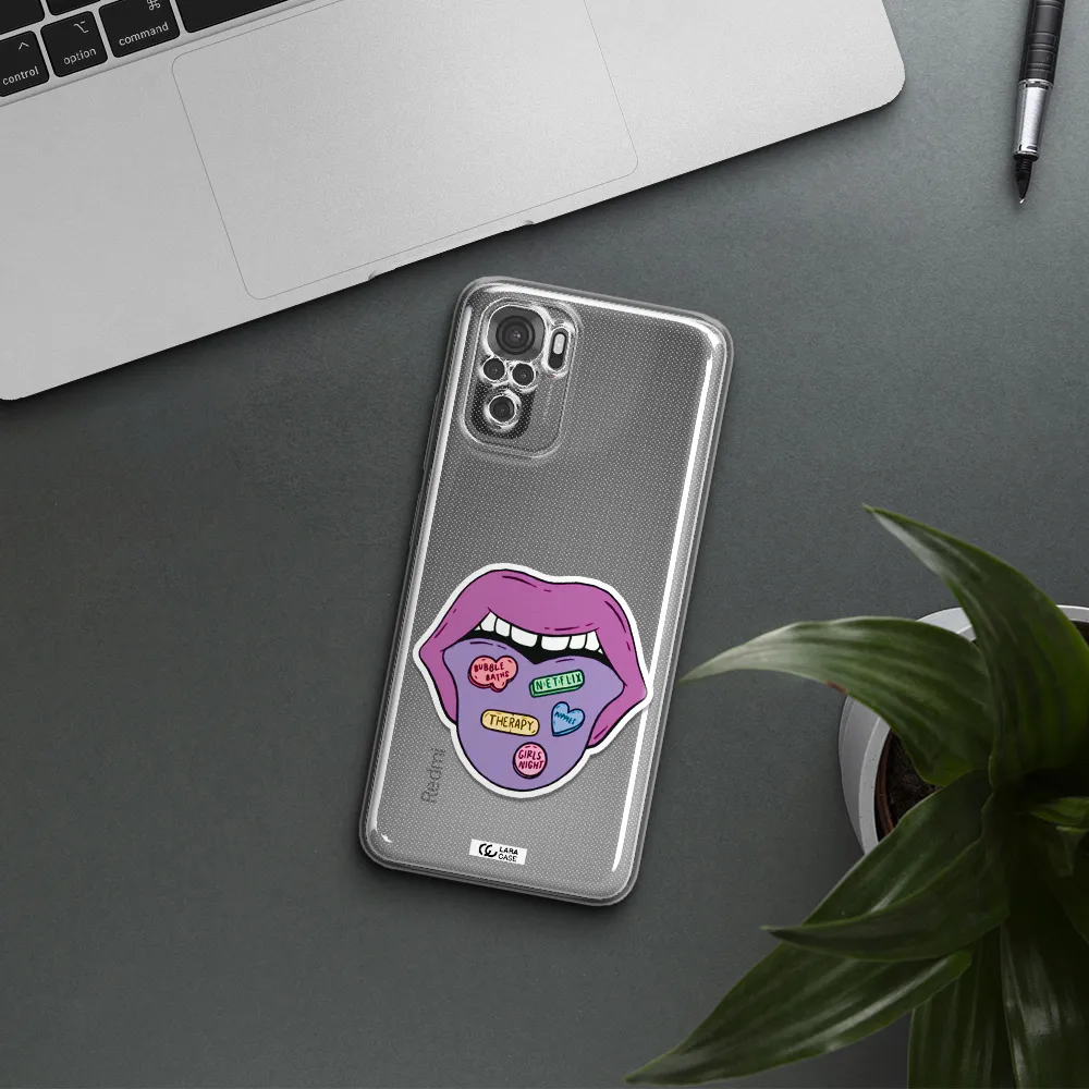 A Purple Lips With Different Colored Hearts On It Xiaomi Redmi Note 10S Clear Tpu Case