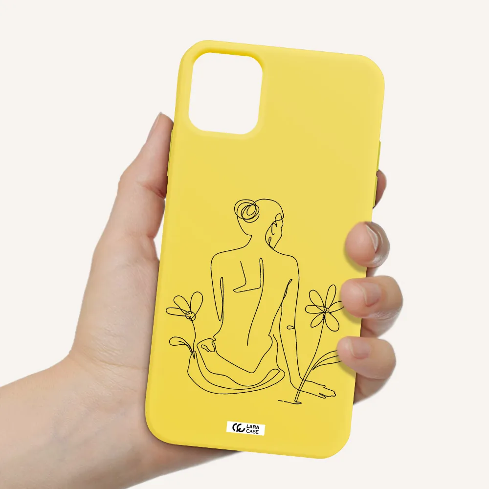 a woman sitting on a flower Apple iPhone 11 Silicone canary yellow Case