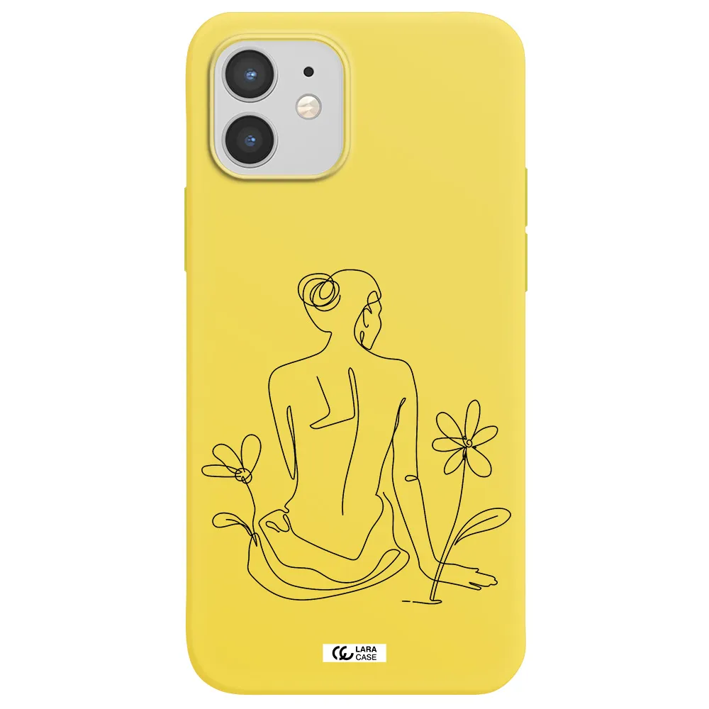 a woman sitting on a flower Apple iPhone 12 Silicone canary yellow Case