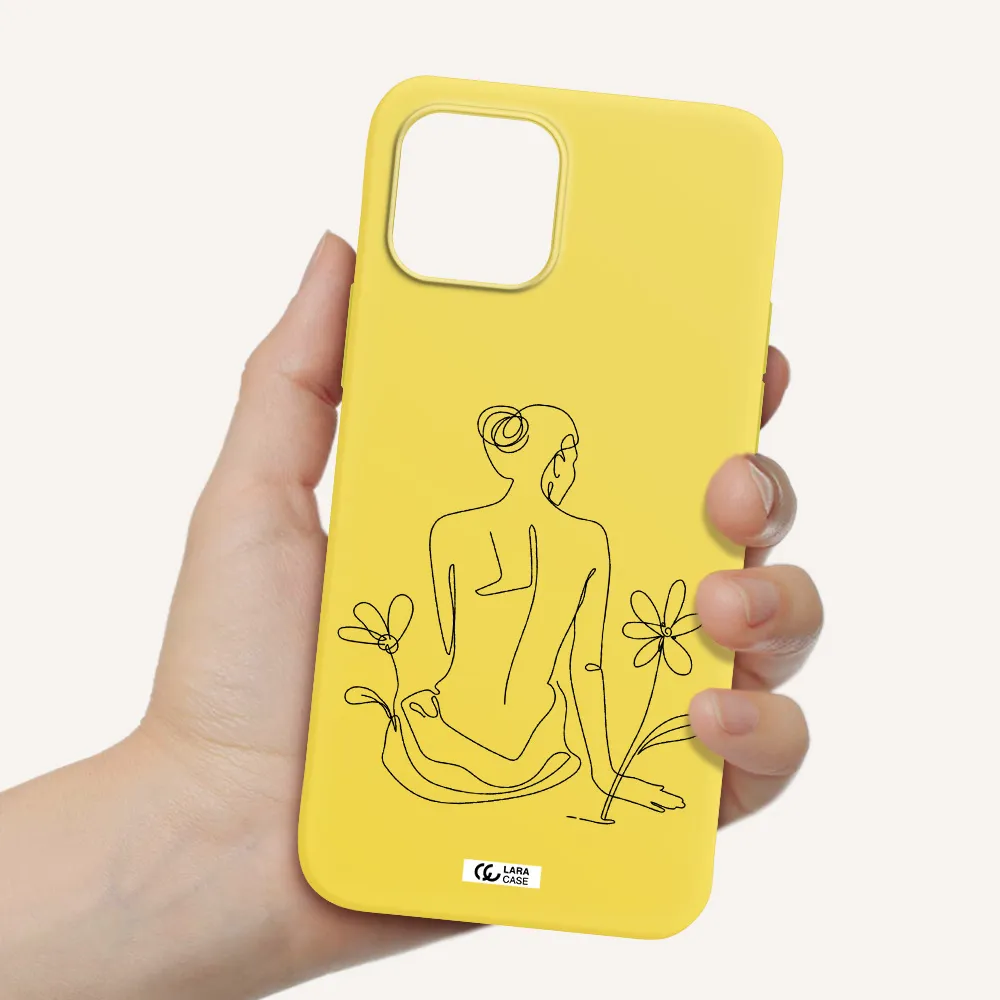 a woman sitting on a flower Apple iPhone 12 Silicone canary yellow Case
