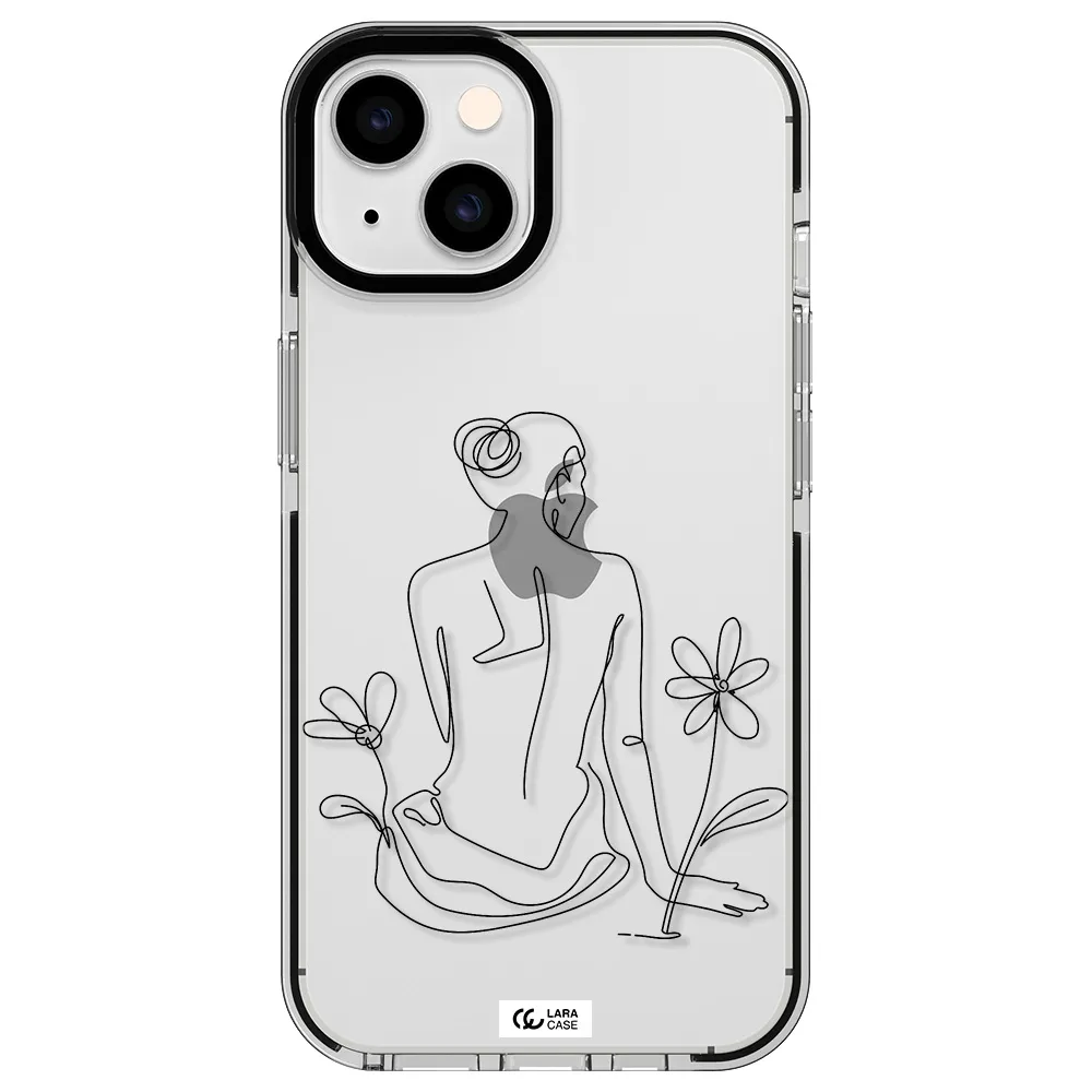a woman sitting on a flower Apple iPhone 14 impact black border Case