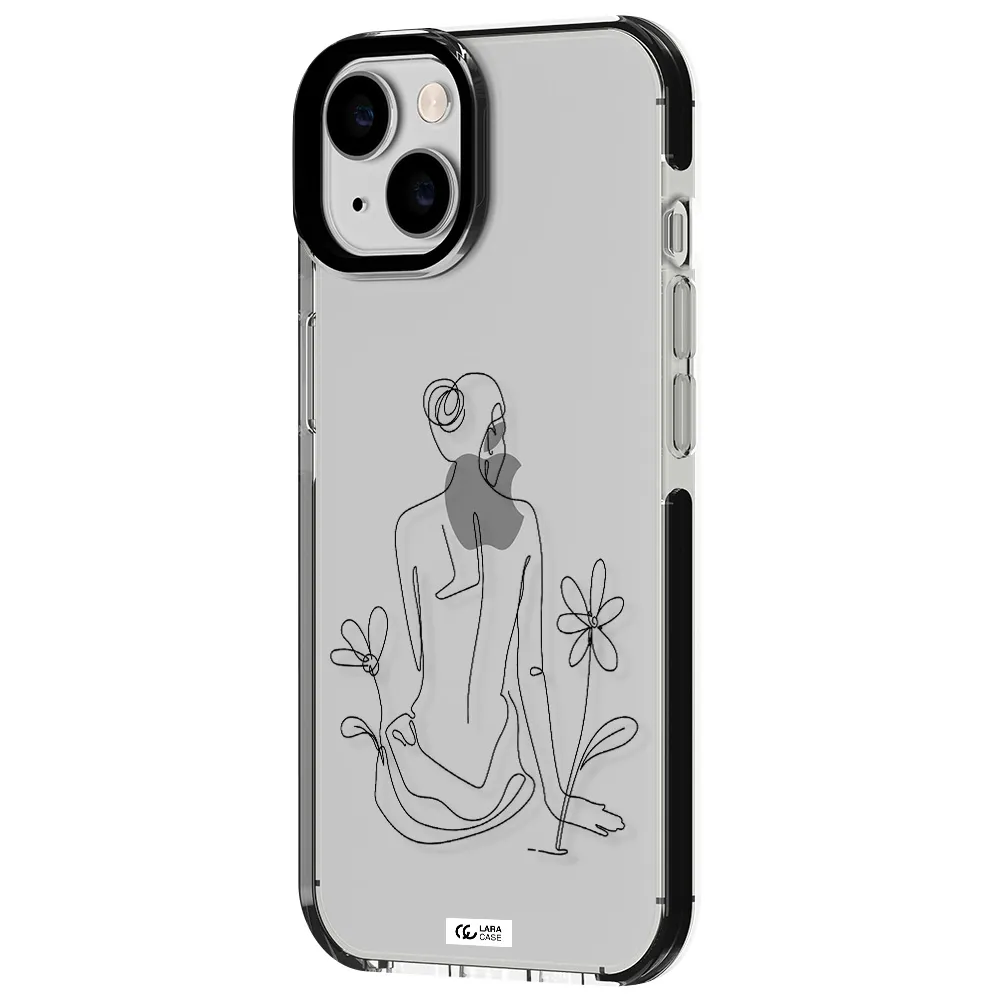 a woman sitting on a flower Apple iPhone 14 impact black border Case