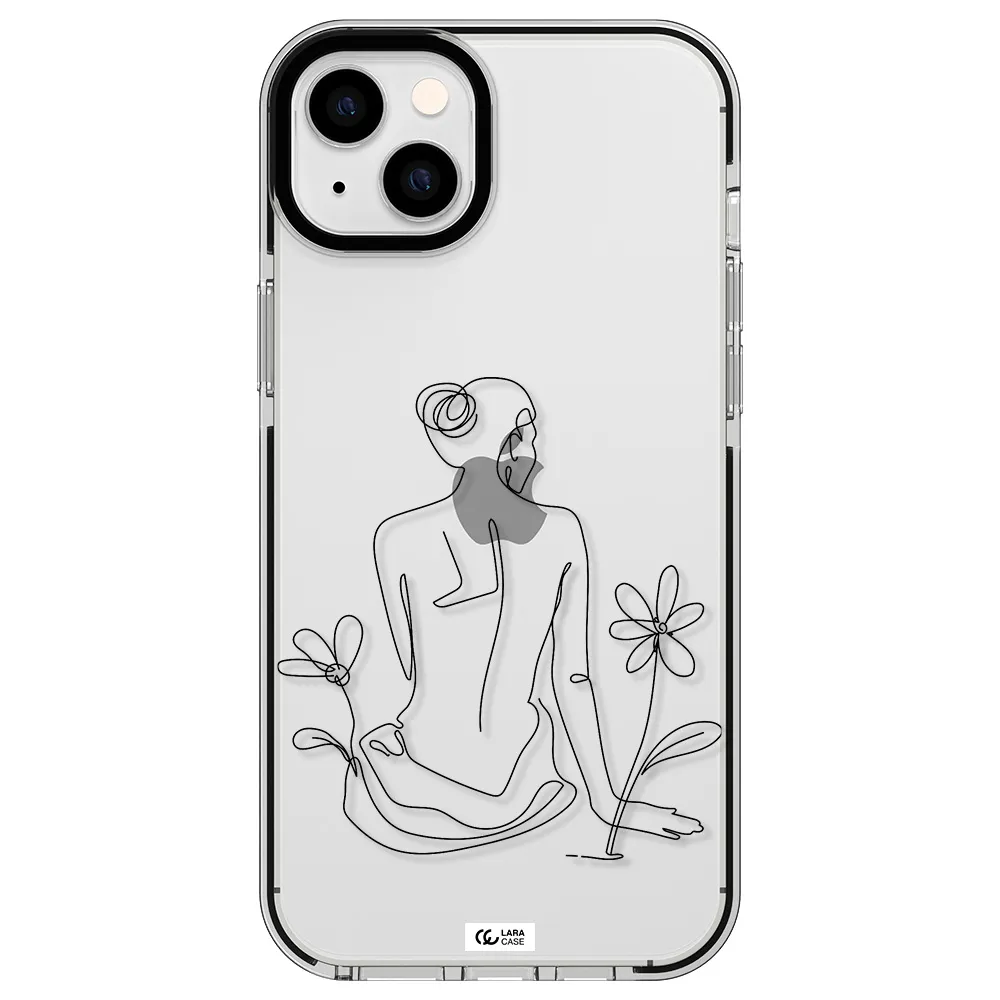 a woman sitting on a flower Apple iPhone 14 plus impact black border Case