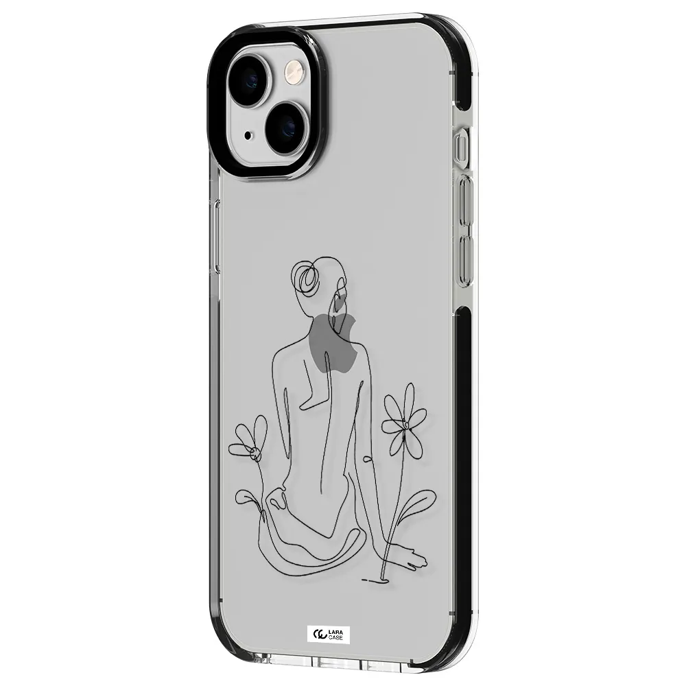 a woman sitting on a flower Apple iPhone 14 plus impact black border Case