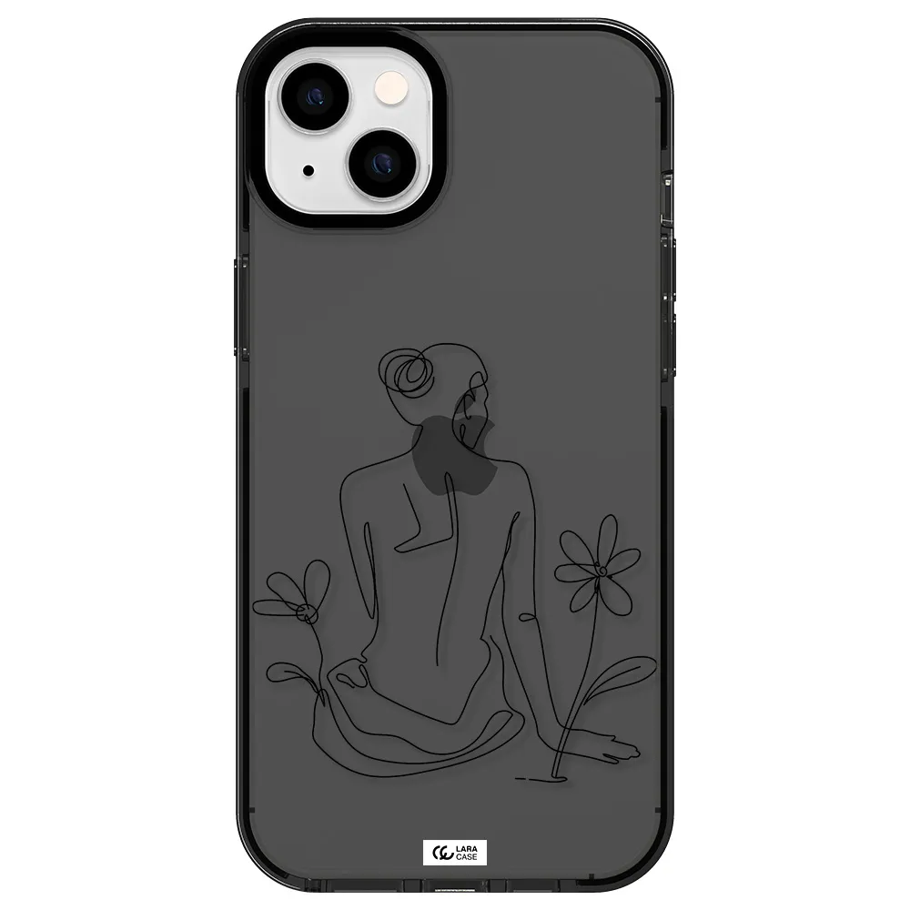 a woman sitting on a flower Apple iPhone 14 plus impact Smoke Black Case