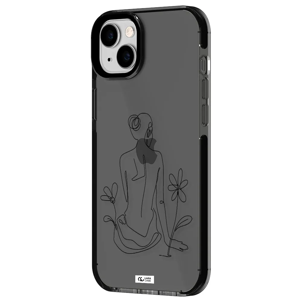 a woman sitting on a flower Apple iPhone 14 plus impact Smoke Black Case